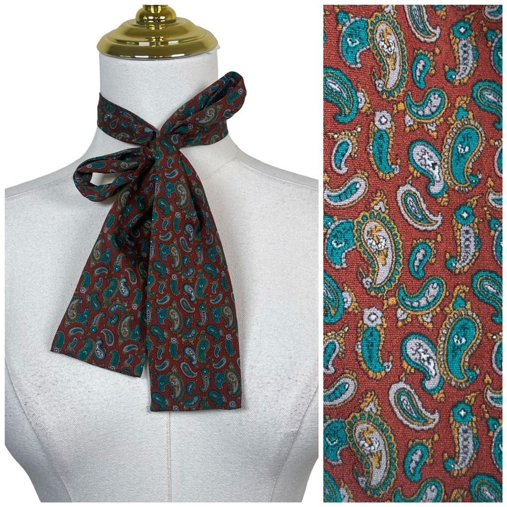 Vintage Paisley Skinny Scarf Hair Purse Neck Tie Womens Red Teal Boho Retro 70s